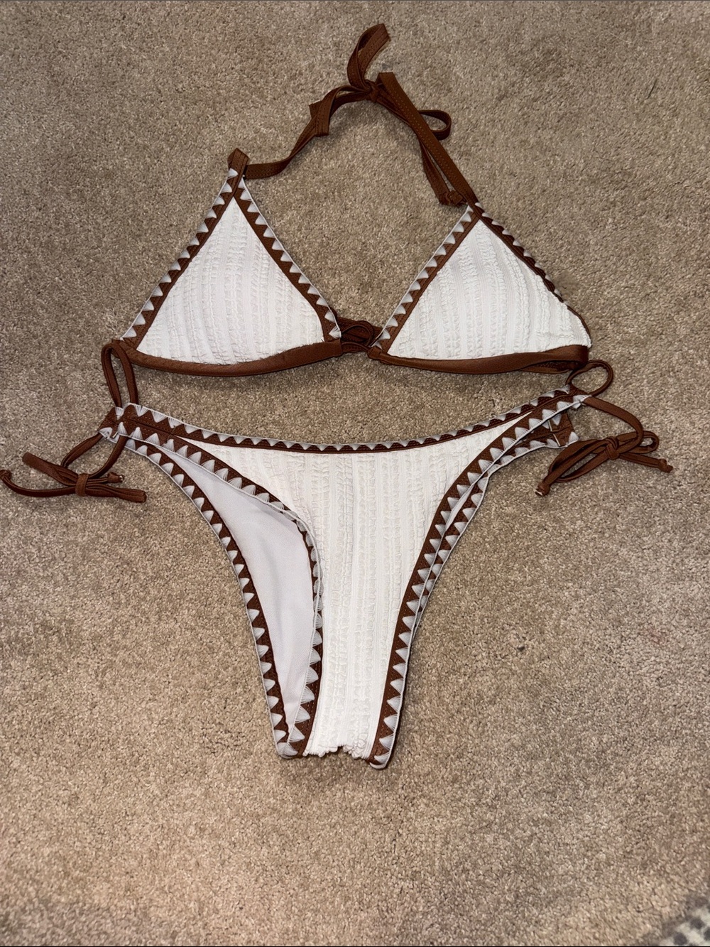 White Triangle Bikini with Brown Trim